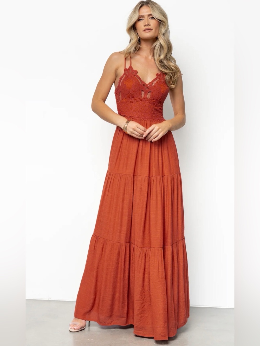 Baltic Born Rust Lace Bodice Tiered Maxi Dress